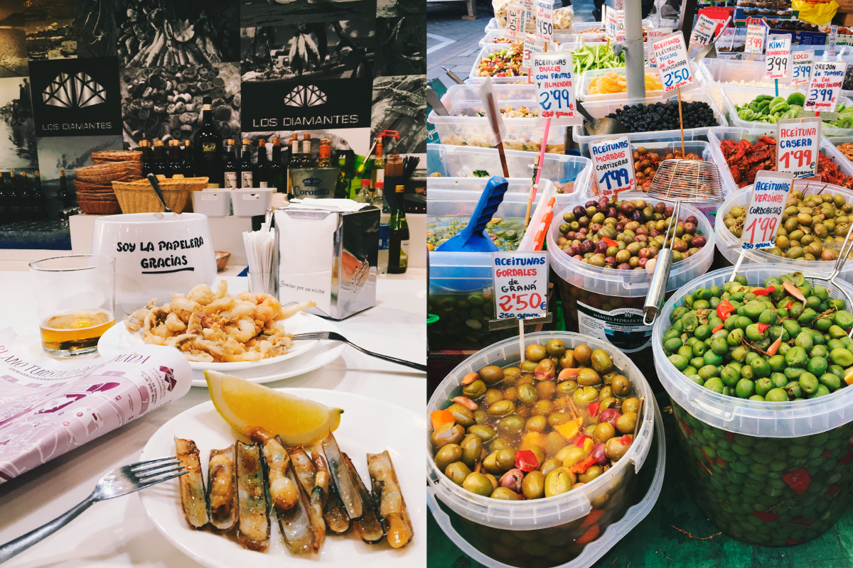 Mixed fish & Navajas @ Los Diamantes (the big one on Plaza Nueva 13) & a street post of amazing olives